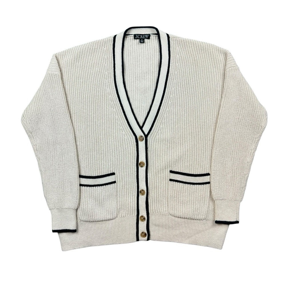 J. Crew Tipped V-Neck‎ Cotton Cardigan Sweater Women Medium Ivory Preppy Button